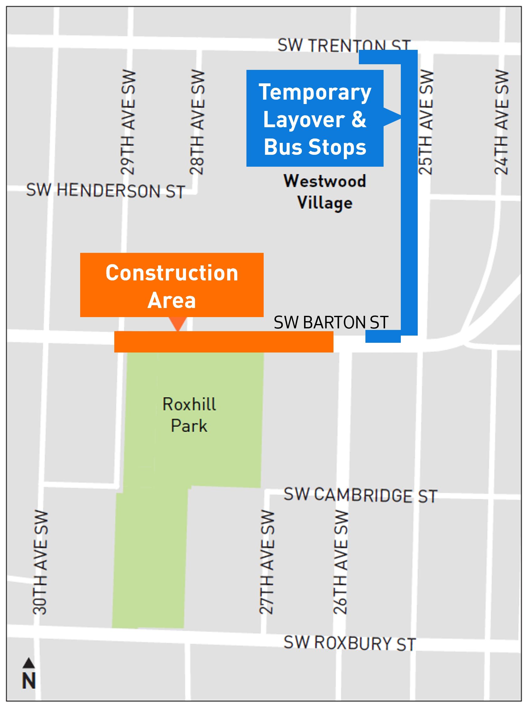 Map of Westwood Village with orange and blue lines showing our construction zone and layover