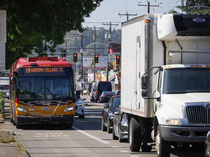 Busses running along Aurora Avenue with new bus lanes