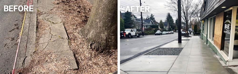 Left is a before picture with a very broken sidewalk, right is the after with a wide and finished sidewalk.