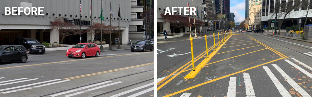 Left: the intersection without any treatment.  Right: The intersection after installation of a yellow area with hatching and flex posts to provide more security.