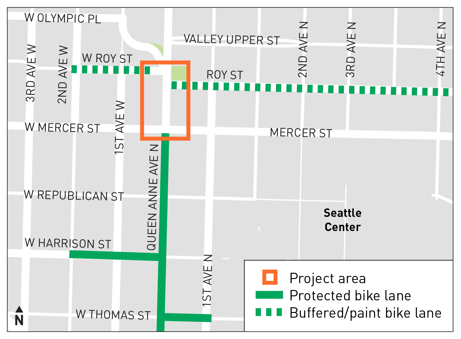 The map shows the project area along Queen Anne Ave highlighted in an orange square, with bike connections along Queen Anne Ave, as well as Roy, W Harrison, and W Thomas streets, highlighted in green