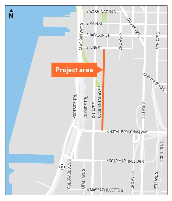 Map showing project area on Occidental Ave S between S King St and Royal Brougham Way S.