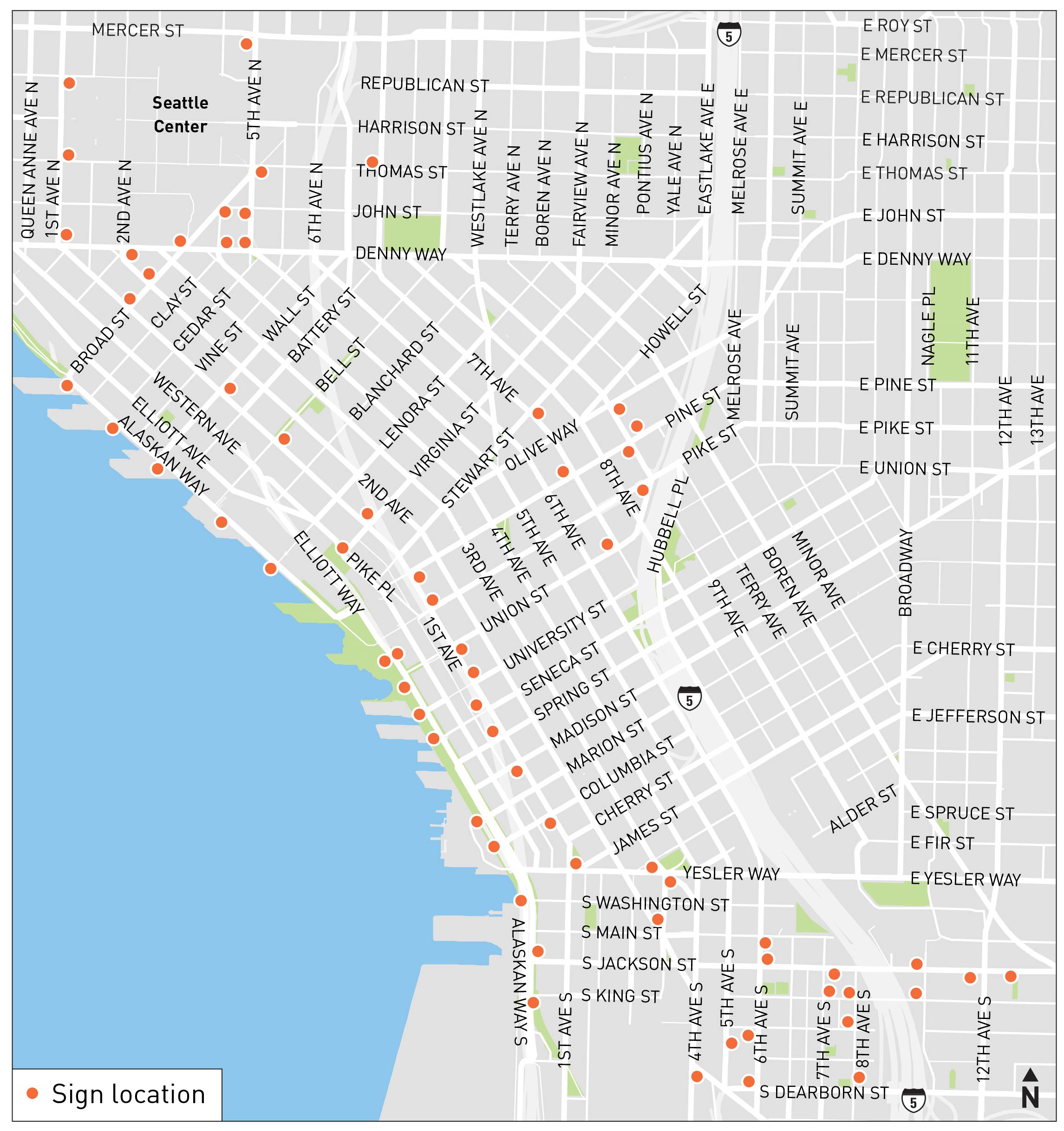 An image showing a map with orange dots indicating where wayfinding signs will be installed in Seattle. 