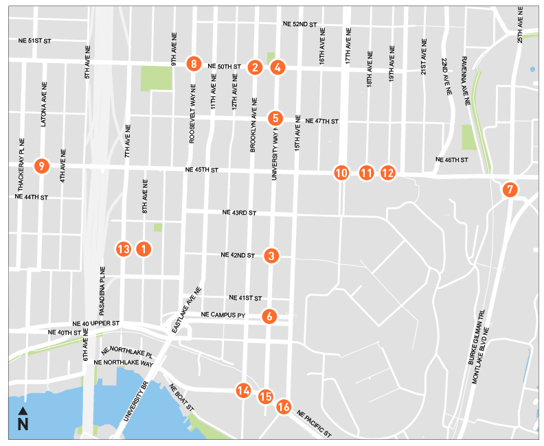 A map showing number 1 - 16 located at the intersections mentioned on this page.