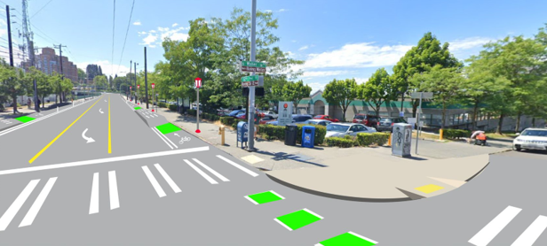 Mock image showing design of SW corner of 12th Ave S and S Weller St