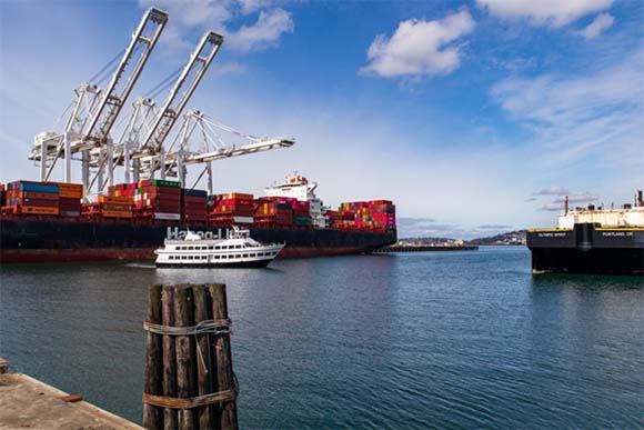A passenger tour boat passes in front of a container ship at dock.