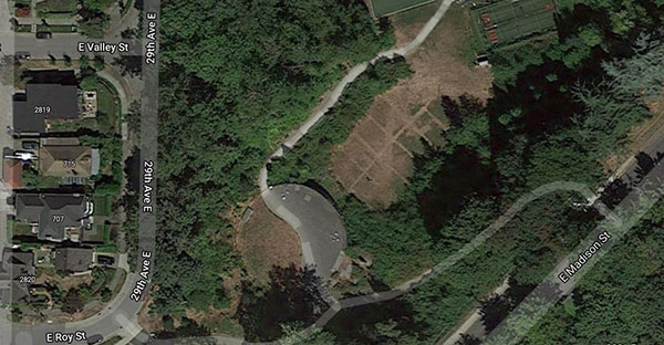 Aerial image of SPU&rsquo;s stormwater detention tank in Washington Park.