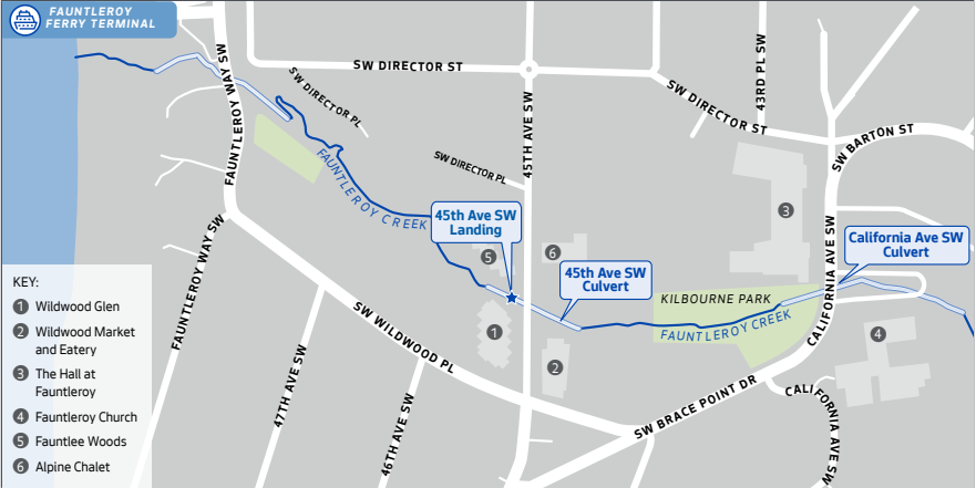 Map of area around Fauntleroy Creek showing culvert under 45th St SW