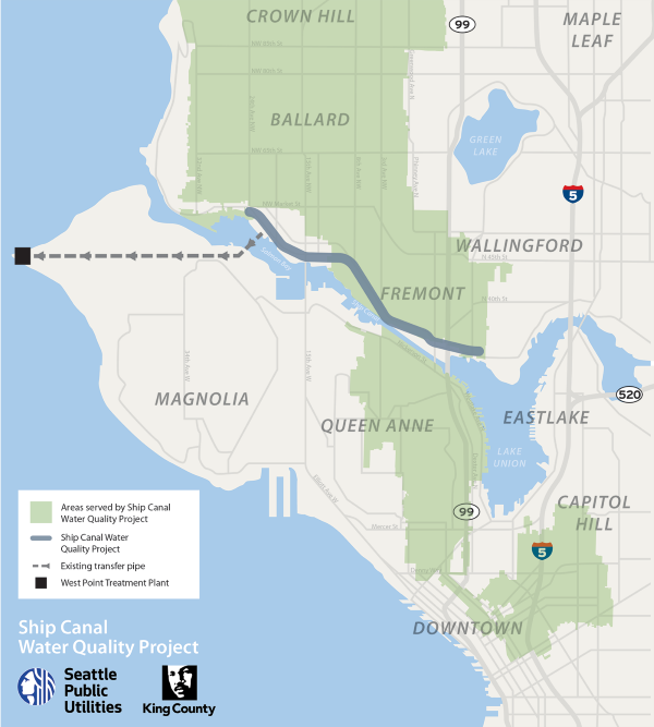 Detail of Seattle map covering project areas across downtown and northwest portion of the city.