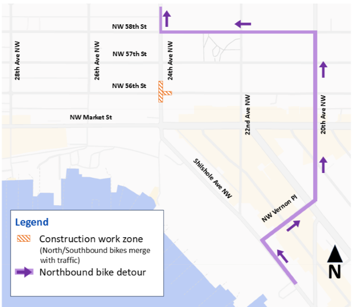 Bicycle Detour Map for 24th Ave NW and NW 56th St.