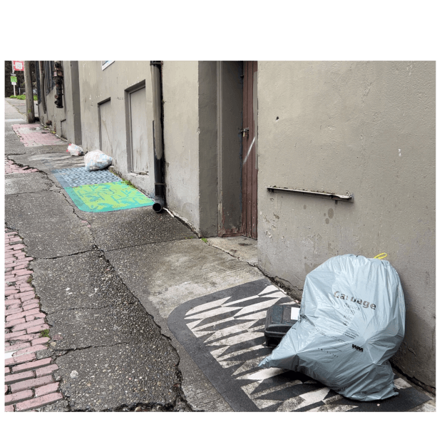 Alley with bags in designated collection areas.