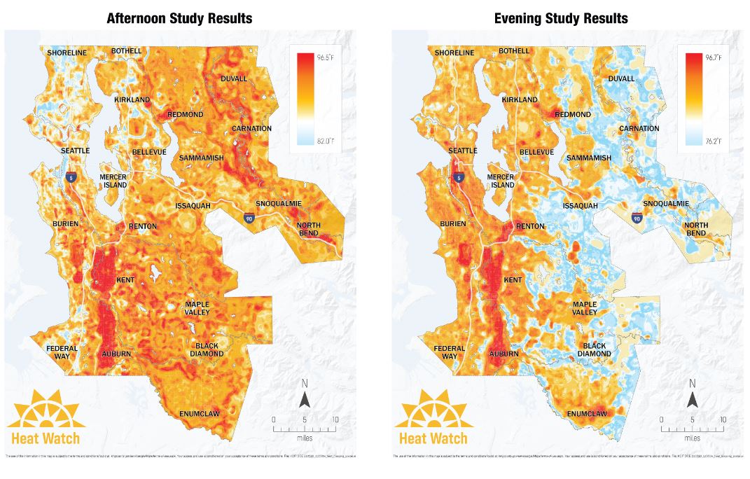Urban heat map of King County in the afternoon and evening