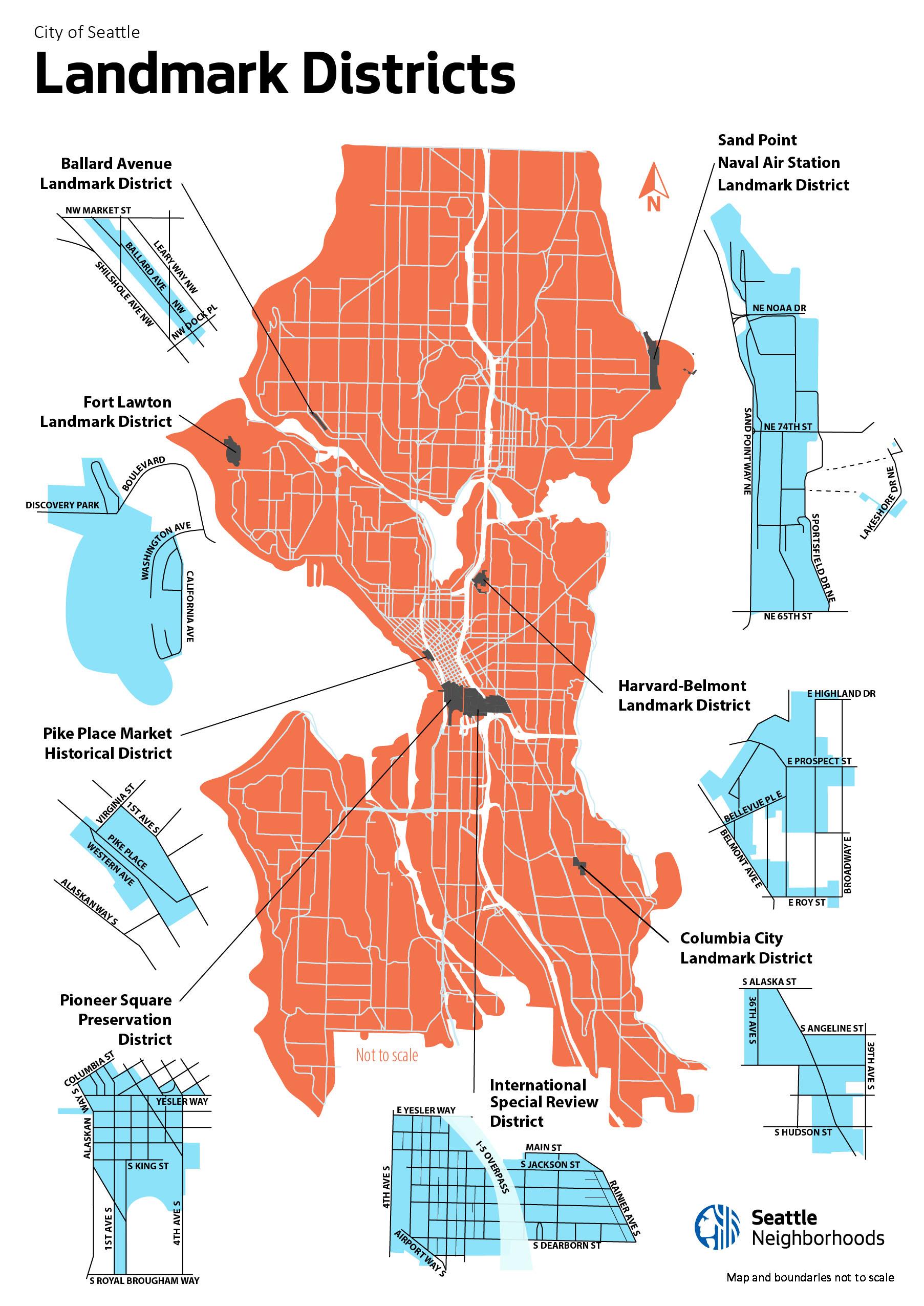 Map of Seattle highlighting Landmark Districts in areas of Ballard, Sand Point, Fort Lawton, North Capitol Hill, Pike Place Market, Pioneer Square, the Chinatown-International District, North Capitol Hill, and Columbia City