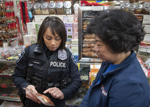 Officer Judinna Gulpan visiting businesses in the ID