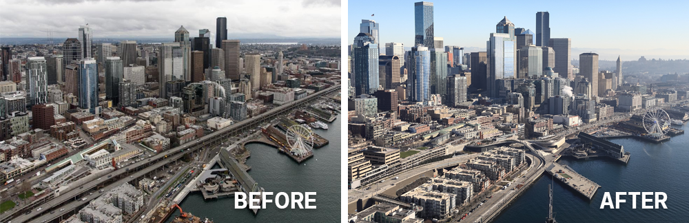 Two photos in comparison, the left showing the old waterfront with the viaduct and the right showing the new waterfront without the viaduct