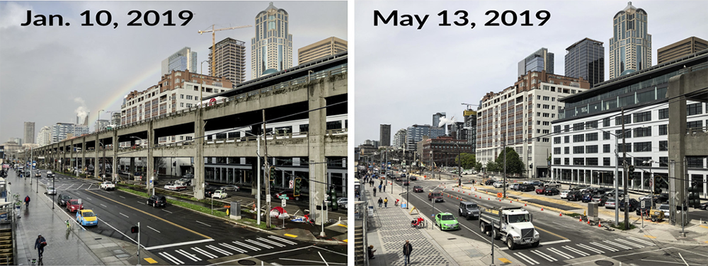 A photo showing the viaduct in in January 2019, and then after partial demolition in May of 2019.  