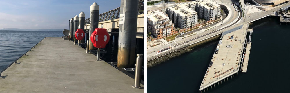On the left, a close up of the floating dock on Pier 62.  On the right, an aerial view of Pier 62 floating doc. 