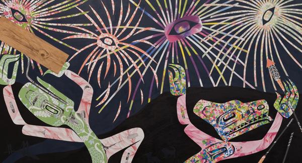 Black and white illustration of a protest with many people holding Puerto Rican flags and a fire burning in the distance