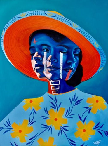 Painting of a woman wearing a hat. Three versions of her face are superimposed over each other.