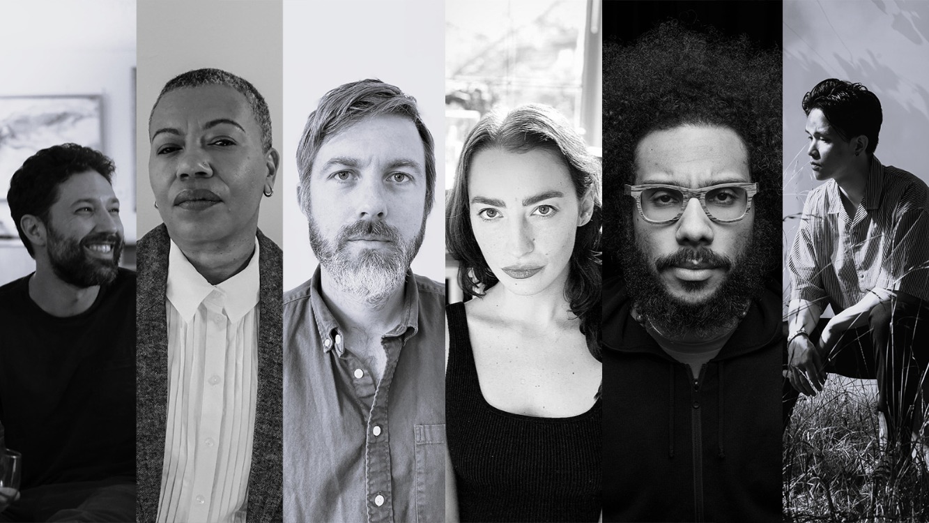 Collage of black and white photos of poets in the exhibition