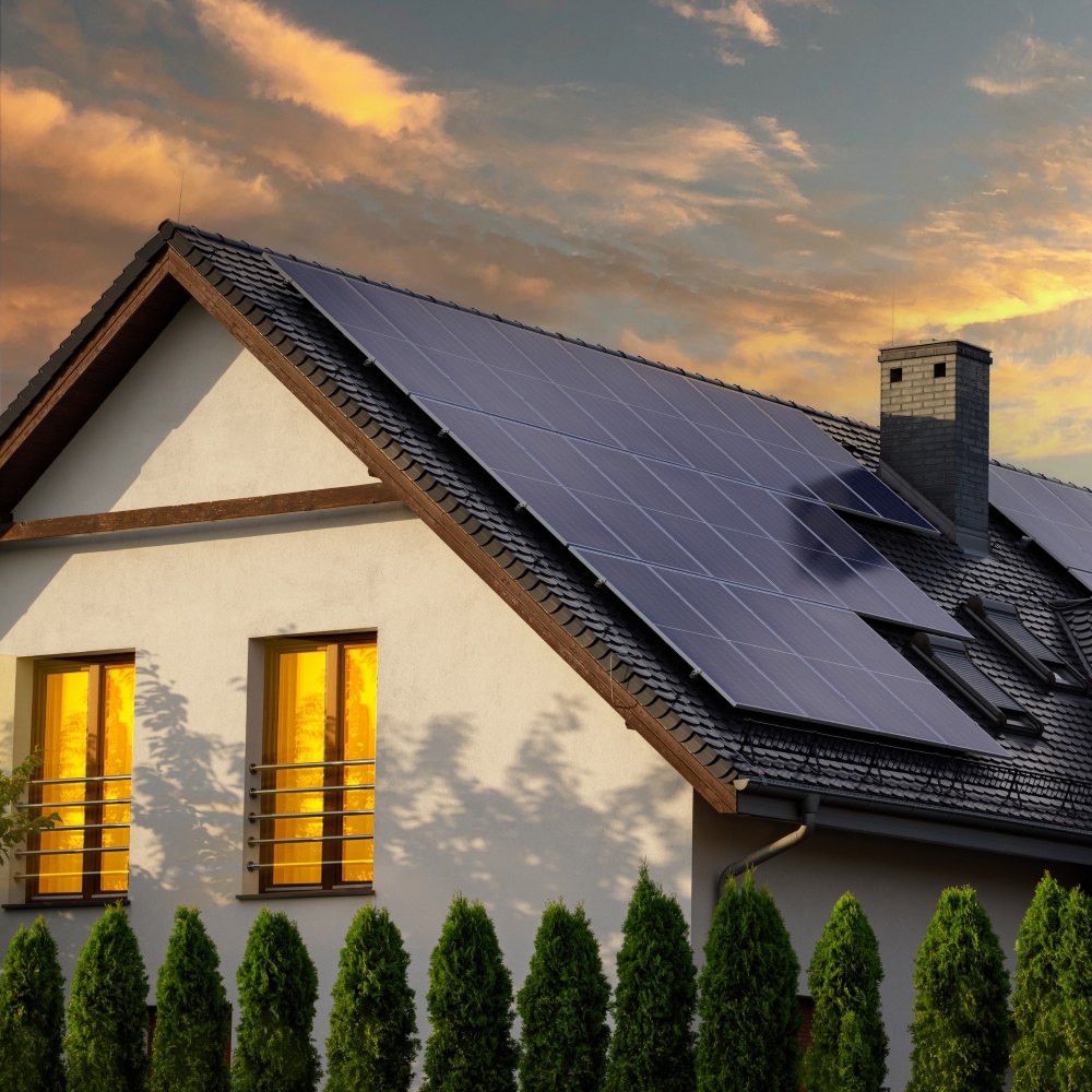 Solar Panels on Home at Sunset