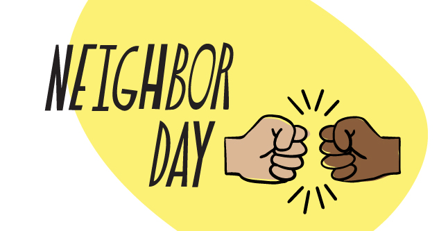 Doodle of two hands doing a fist bump and the words "Neighbor Day"