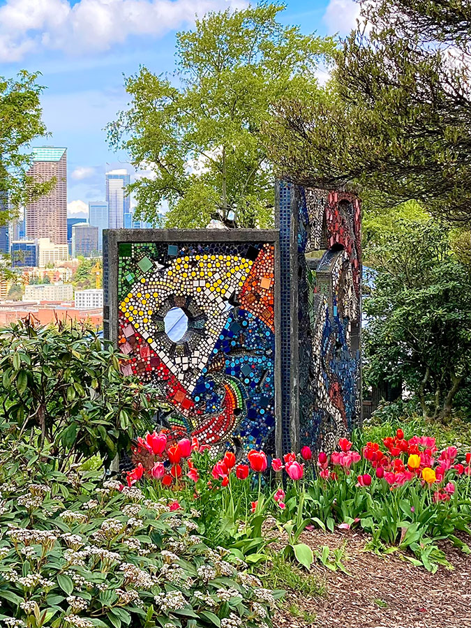East is West, a triptych mosaic mural designed by Filipino artist Val Laigo, commissioned by the Filipino American Community