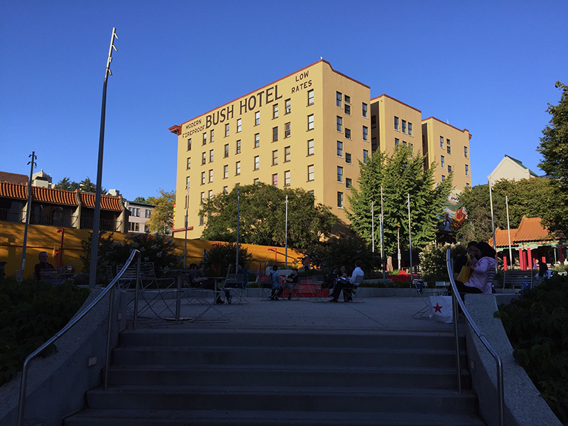 Stairs and view of Busch Hotel