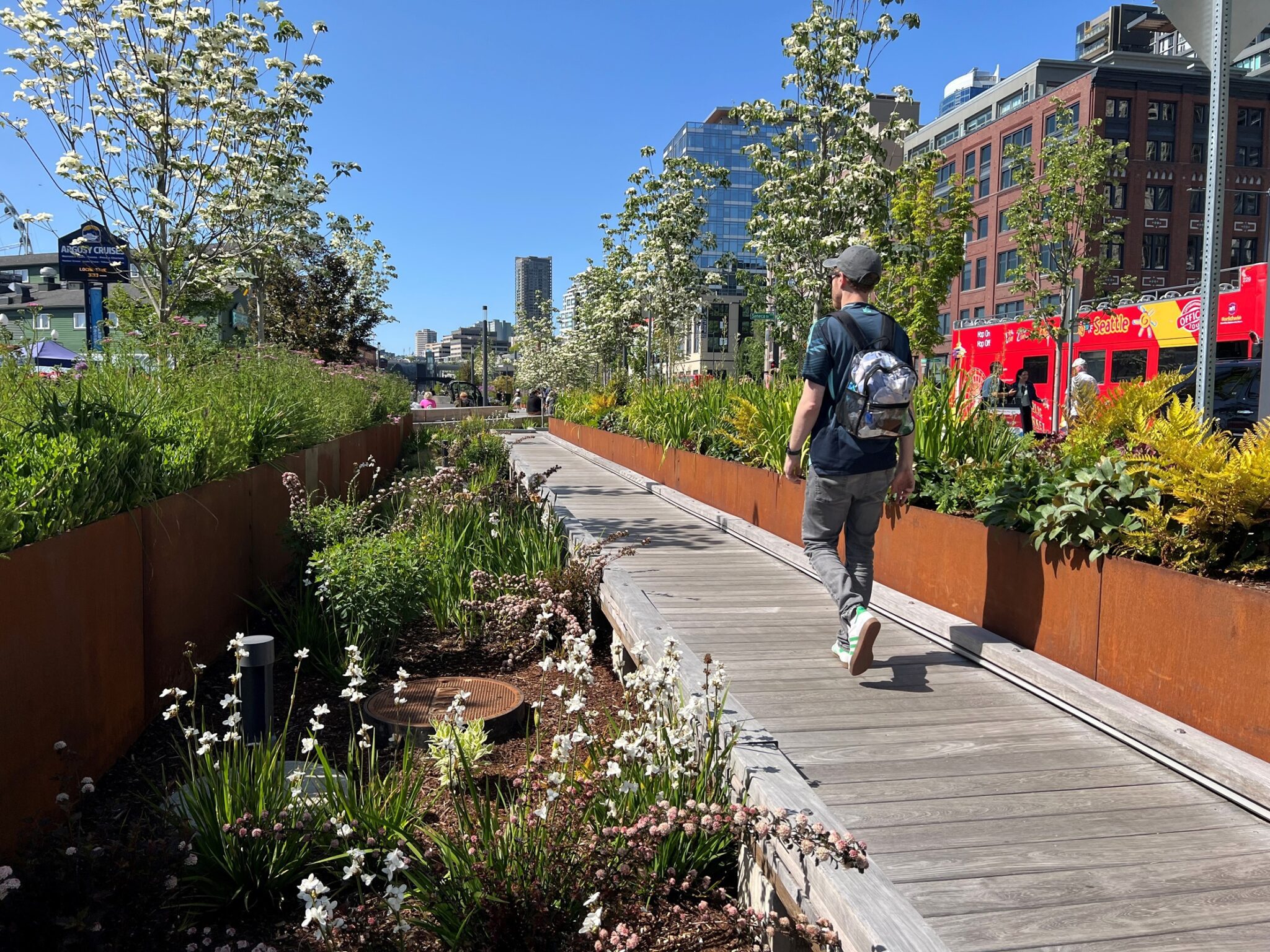 A man walks along the Waterfront Park walkway in daylight