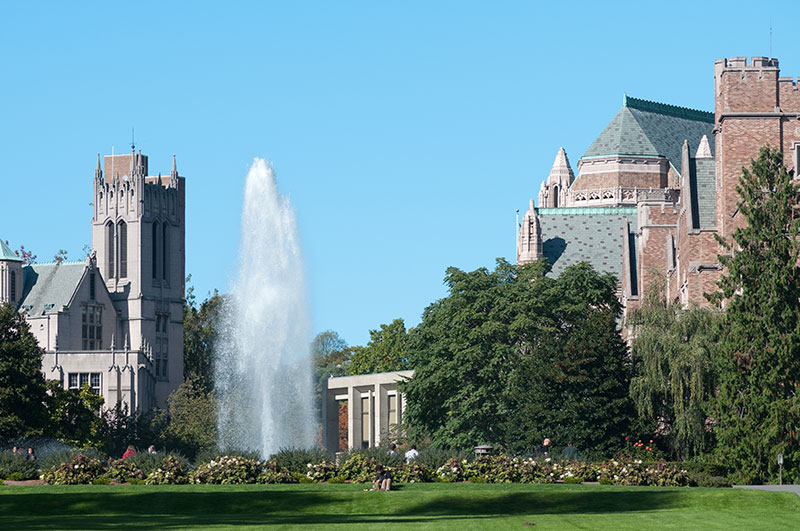 Water fountain and cityscape