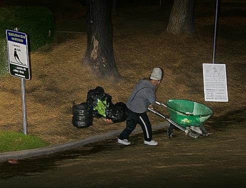 A person pushes a wheelbarrow along a roadside at night, leaving several bags of waste near posted signs, illustrating an incident of illegal dumping in a public area.