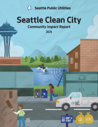 Drawing of a worker with hard hat and long paint roller painting over graffiti with blue paint. On the blue area the report title reads: Seattle Public Utilites Clean City Division Annual Report 2022