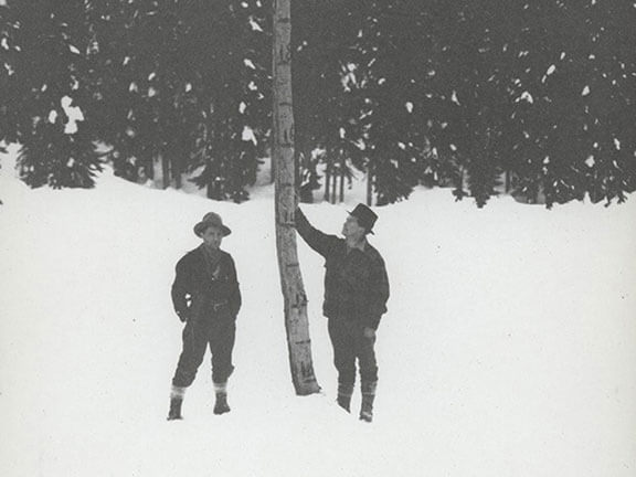 As early as 1917 the City measured snow depth in the Upper Cedar River Watershed. This measuring tree near Bear Lake shows Seattle Water department employees recording 10 feet of snowpack that year.
