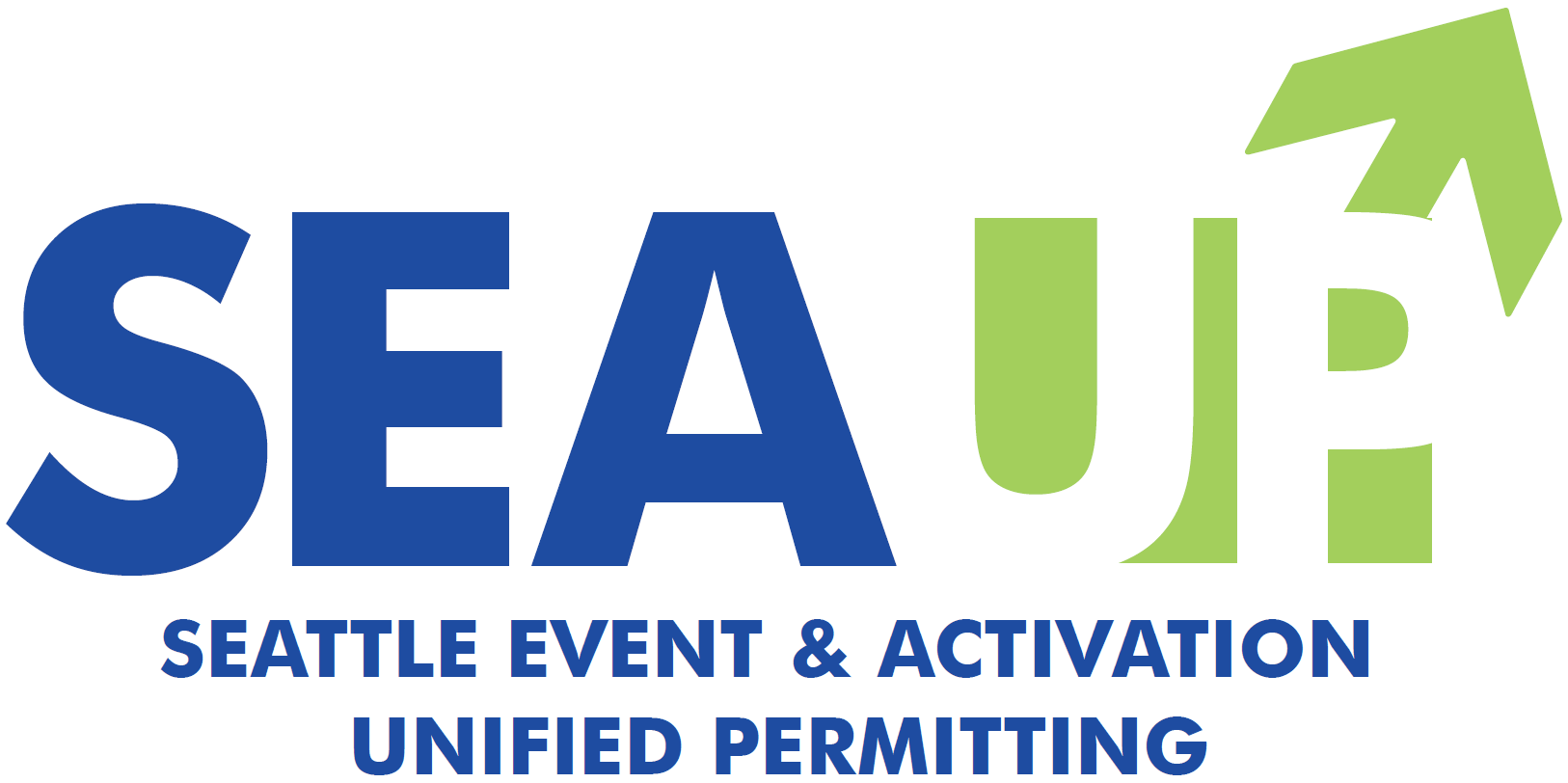 SEAUP logo which includes blue text for "SEA" and white text overlayed on a green arrow for "UP". Blue text underneath reads Seattle Event & Activation Unified Permitting.