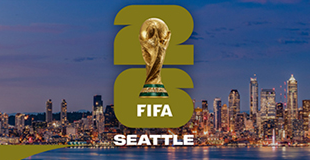 Official Seattle FIFA Tournament logo - World Cup cup over the number 26 and Seattle skyline