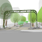 Rendering showing the Alaskan Way sign bridge spanning over Bell St.